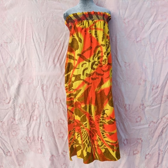 American Vintage Dresses & Skirts - Vintage 70s Hawaiian Strapless Maxi Dress M ILGWU Neon Abstract Tiki Resort